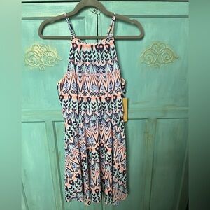 Takara Women's Sundress Spaghetti Strap Elastic Waist Navy Aqua Peach Small NWT